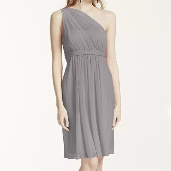 New DAVID'S BRIDAL Size 2 Mercury F15607 Short Illusion Mesh One Shoulder Dress - Picture 1 of 12